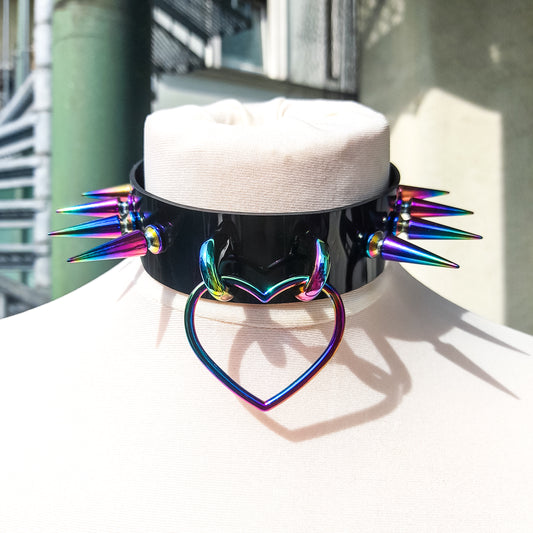 Bismuth Spiked Rainbow Heart Ring Choker